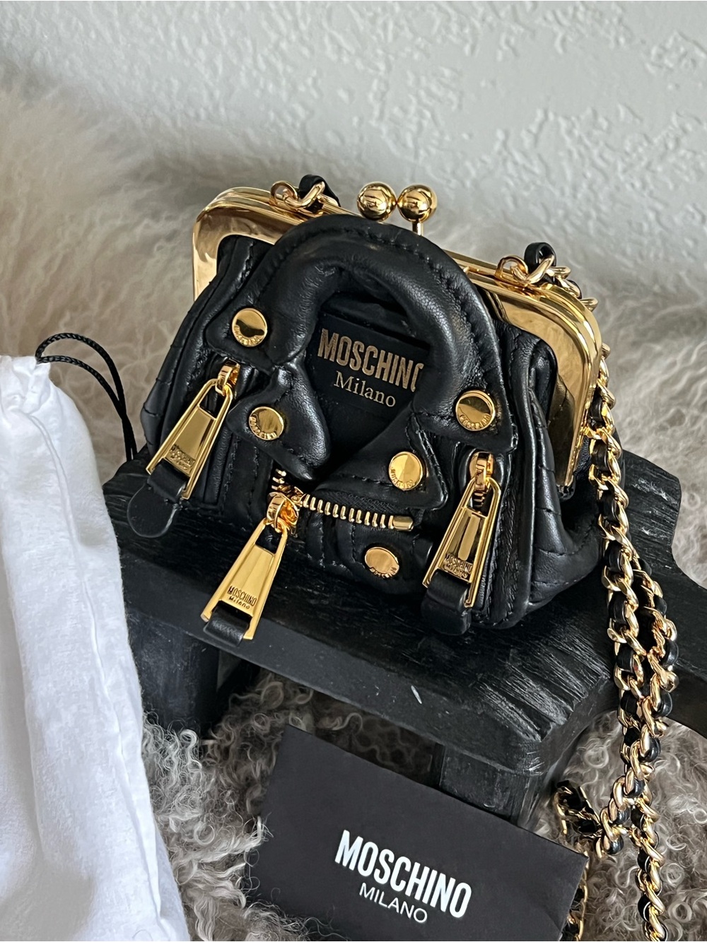 Moschino Milano Mini Micro Backpack Bag Black Leather Gold Hardware Rare! - Picture 7 of 7